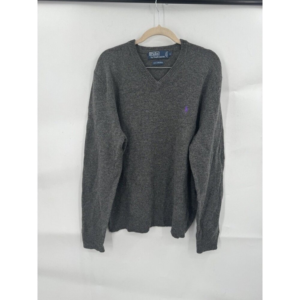 Ralph Lauren Men's Gray V-Neck Sweater with Purple Pony